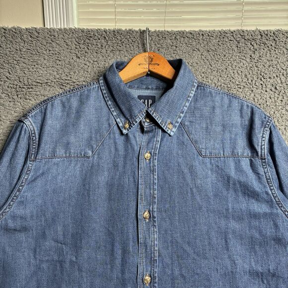 Vintage GAP Denim Shirt Mens Medium Blue Jean Long Sleeve Button Up Western Yoke - Picture 2 of 13